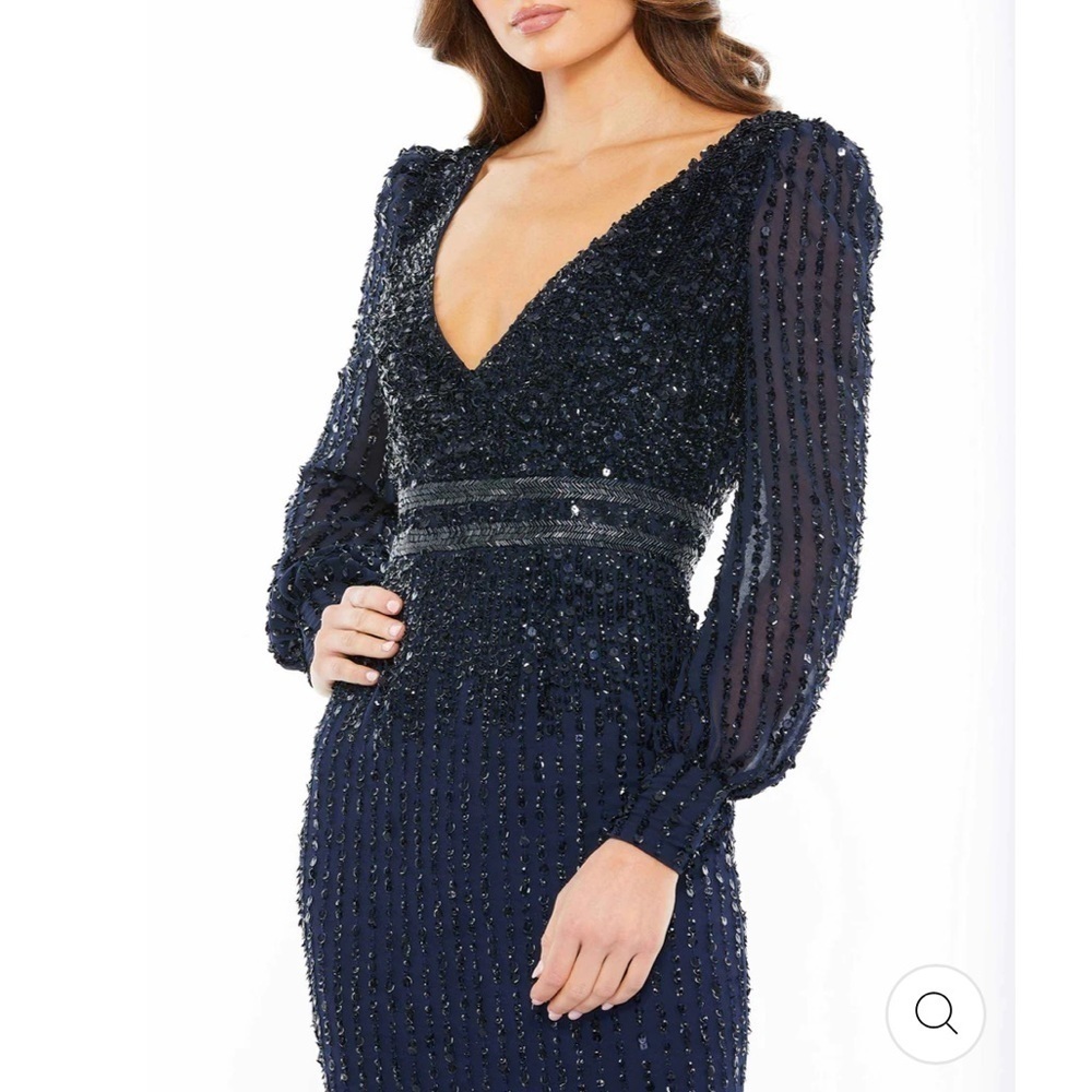 10 Mac Duggal Navy Long Sleeve Sequined Midi Dress 14 V neck Evening Formal - Picture 6 of 12